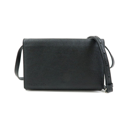Balenciaga Logo Wallet with Strap Embossed Leather, Black, Leather, Crossbody Bag