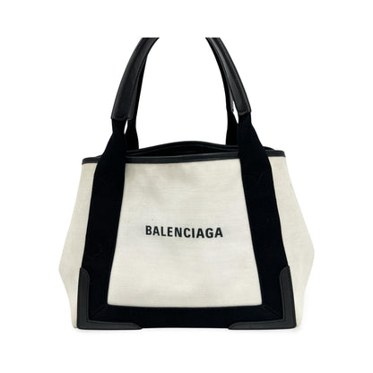Balenciaga Navy Cabas Canvas with Leather, White, Canvas, Tote Bag