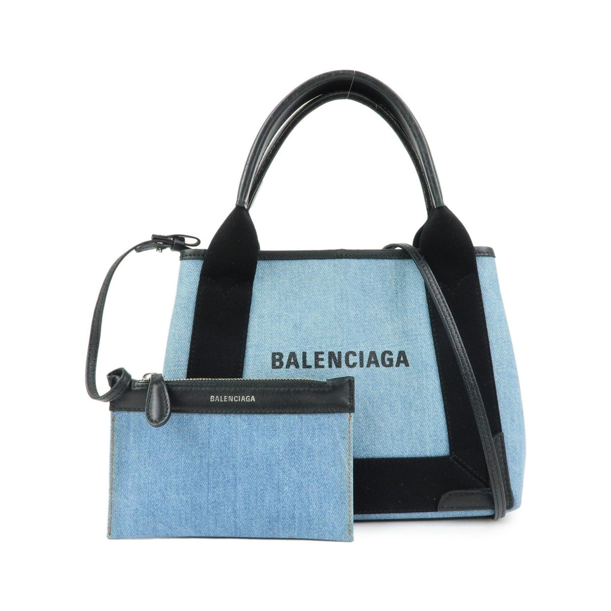 Balenciaga Navy Cabas Coated Denim with Leather, Blue, PVC, Tote Bag