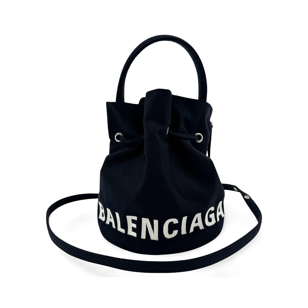 Balenciaga Wheel Drawstring Bucket Nylon, Black, Canvas, Handbag