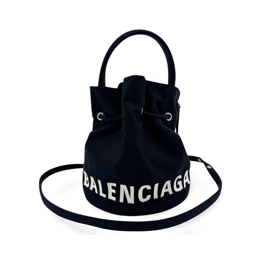 Balenciaga Wheel Drawstring Bucket Nylon, Black, Canvas, Handbag