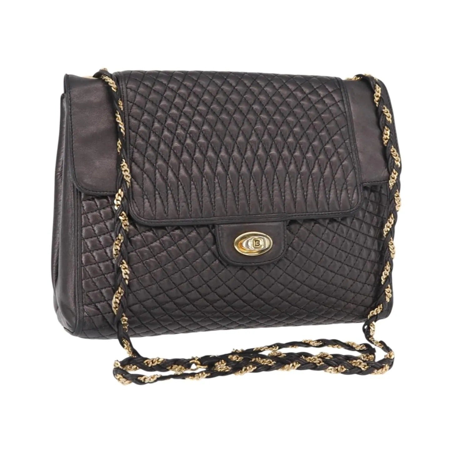 Bally Vintage Chain Quilted Leather, Black, Leather, Shoulder Bag