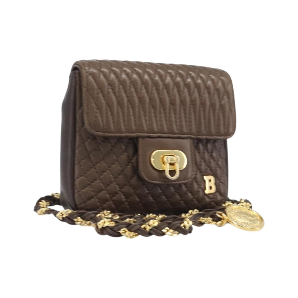 Bally Vintage Chain Quilted Leather, Brown, Leather, Shoulder Bag