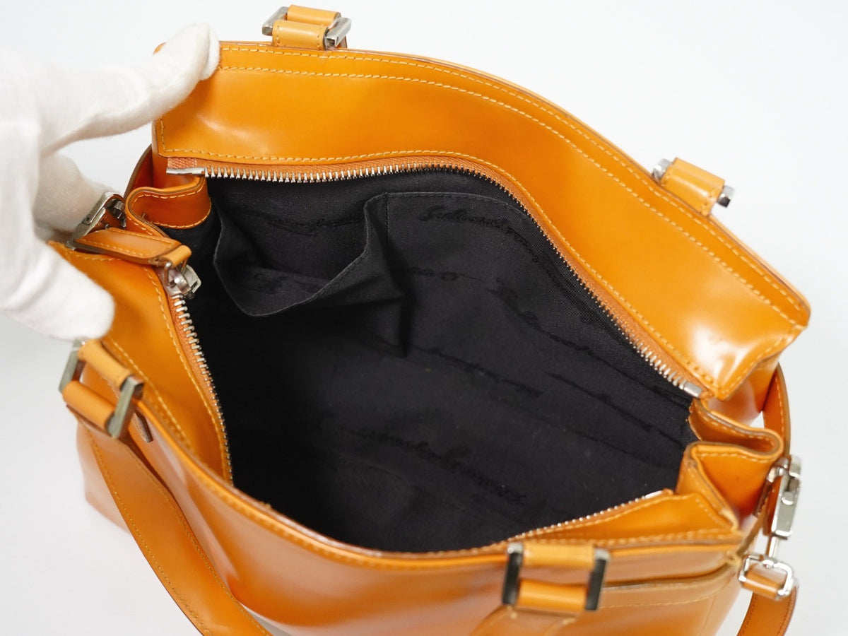 Salvatore Ferragamo Double Gancini Side Buckle Leather, Orange, Leather, Tote Bag