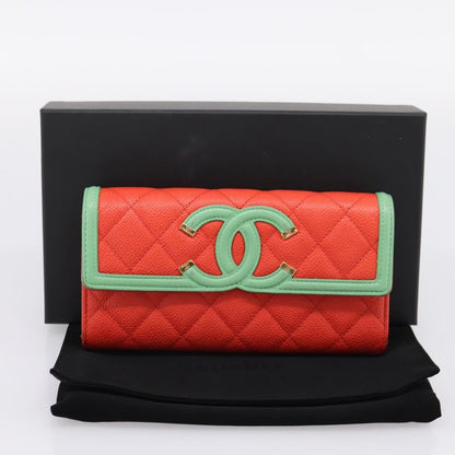 Chanel Filigree Flap Quilted Caviar, Red, Leather, Wallet