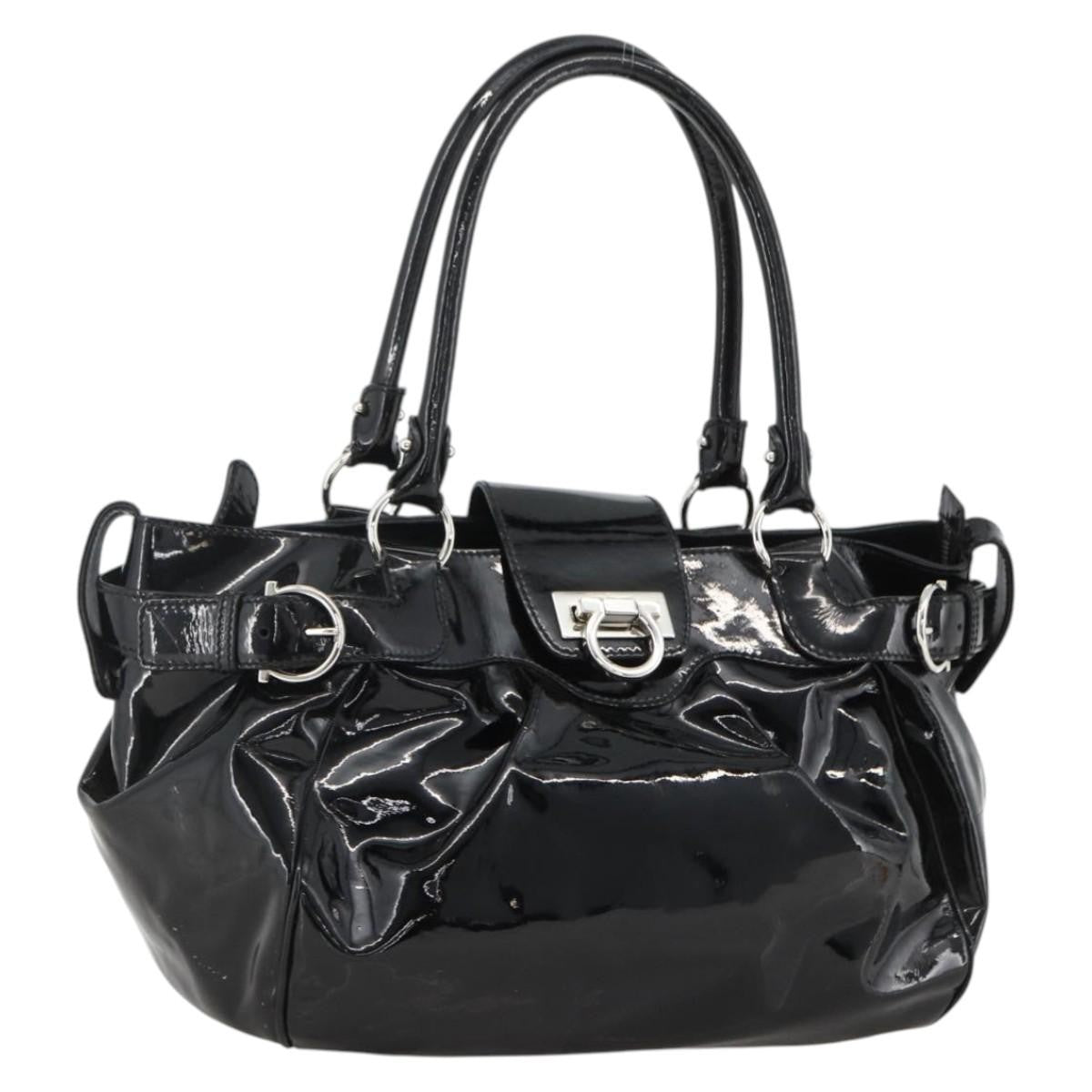Salvatore Ferragamo Gancini Patent Leather, Black, Patent Leather, Handbag
