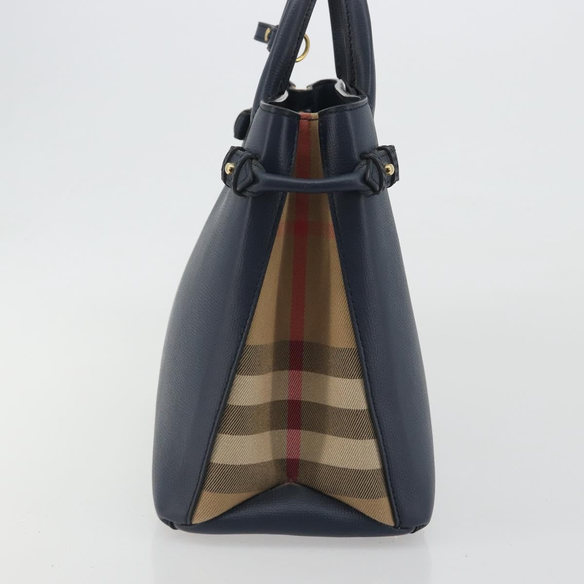 Burberry Banner Leather and House Check Canvas, Navy, Leather, Tote Bag