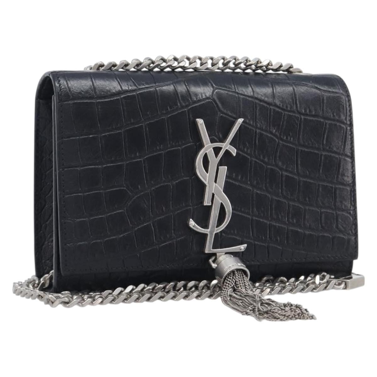 Saint Laurent Classic Monogram Tassel Chain Crocodile Embossed Leather, Black, Leather, Crossbody Bag