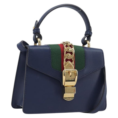Gucci Sylvie Top Handle Leather, Navy, Leather, Handbag
