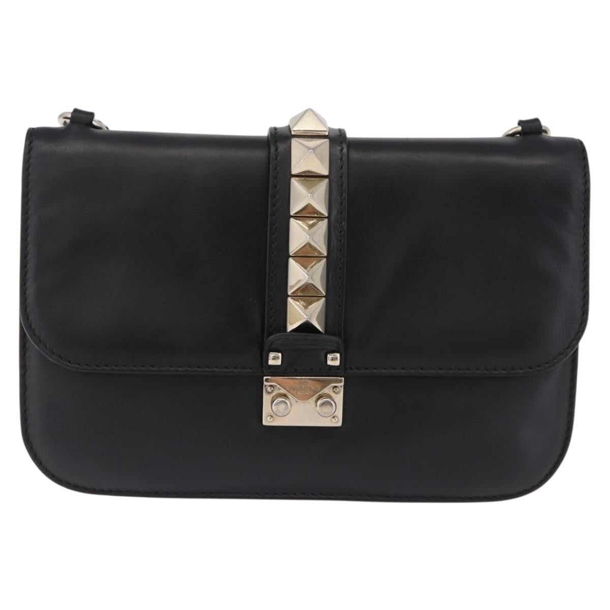 Valentino Garavani Glam Lock Leather, Black, Leather, Shoulder Bag