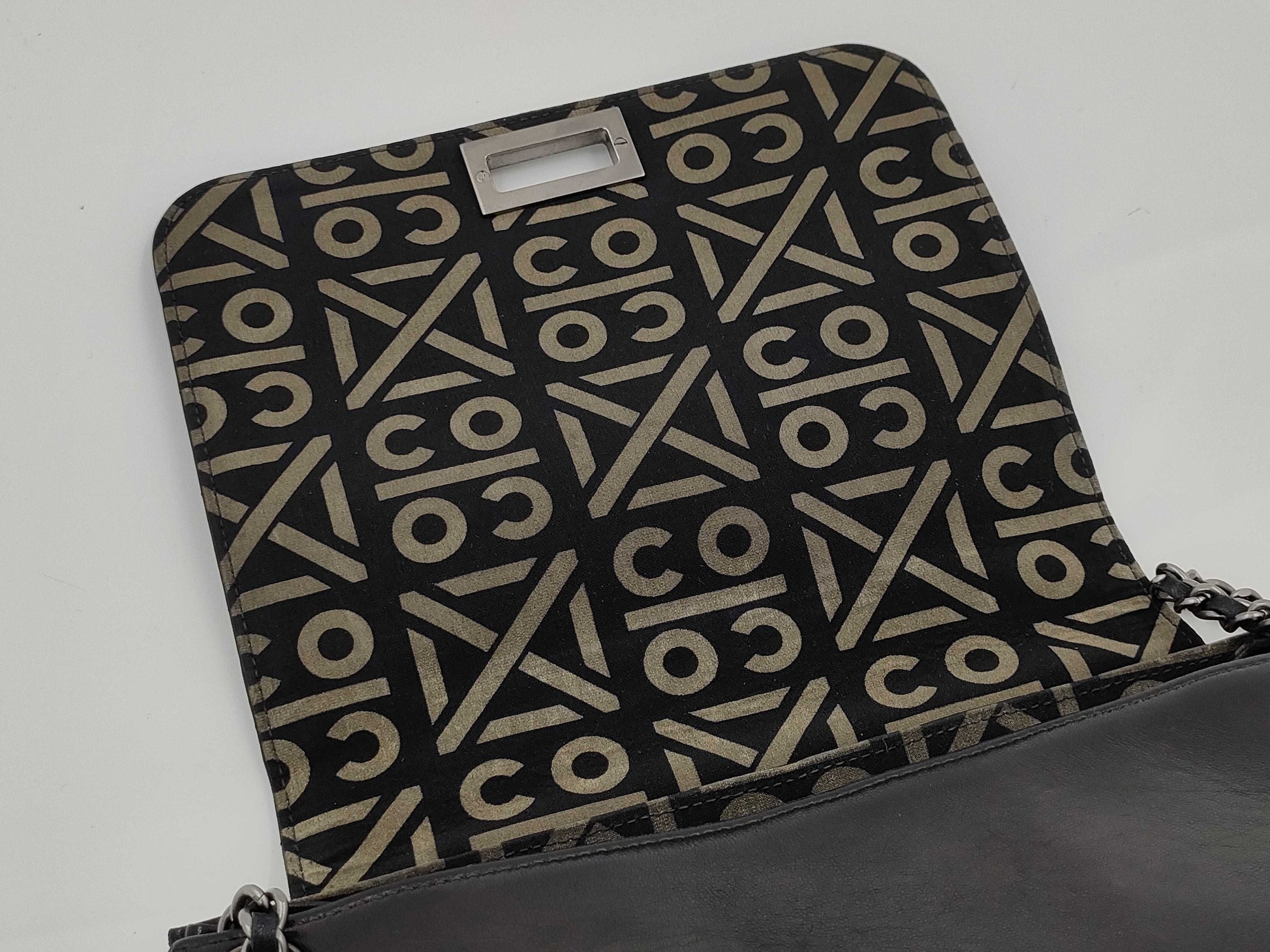 Chanel Chocolate Bar Accordion Reissue Flap Bag Quilted Lambskin with Patent, BLACK, LEATHER, Shoulder bag