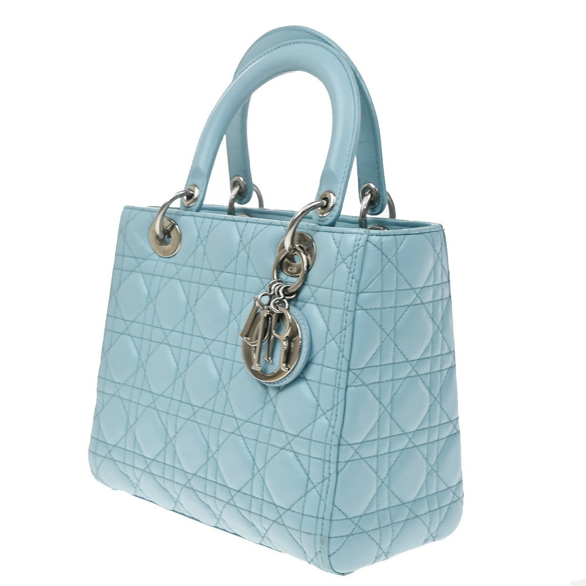 Christian Dior Lady Dior Cannage Quilt Lambskin, Blue, Leather, Handbag