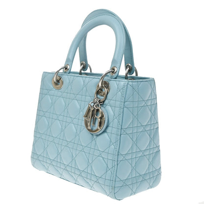 Christian Dior Lady Dior Cannage Quilt Lambskin, Blue, Leather, Handbag