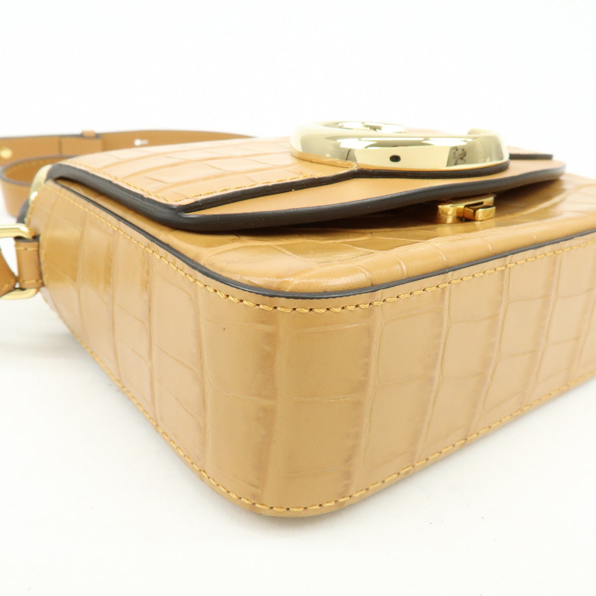Chloe C Flap Crocodile Embossed Leather, Brown, Leather, Handbag