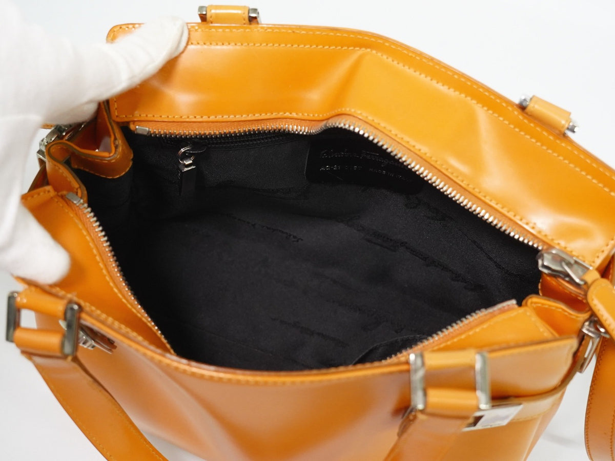 Salvatore Ferragamo Double Gancini Side Buckle Leather, Orange, Leather, Tote Bag