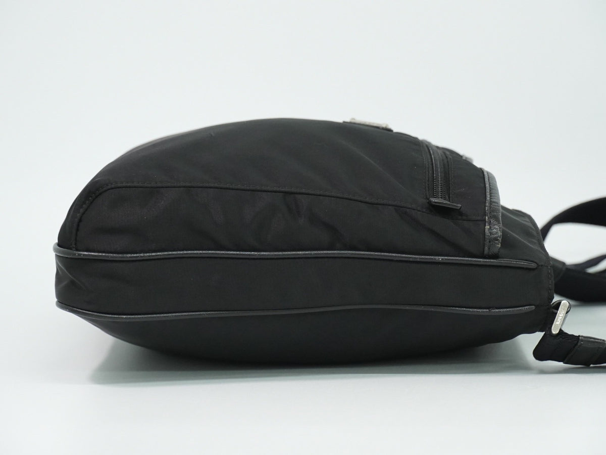 Prada Front Zip Messenger Quilted Tessuto, Black, Nylon, Shoulder Bag