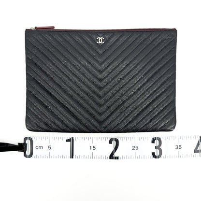 Chanel Charm O Case Chevron Lambskin, Black, Leather, Clutch