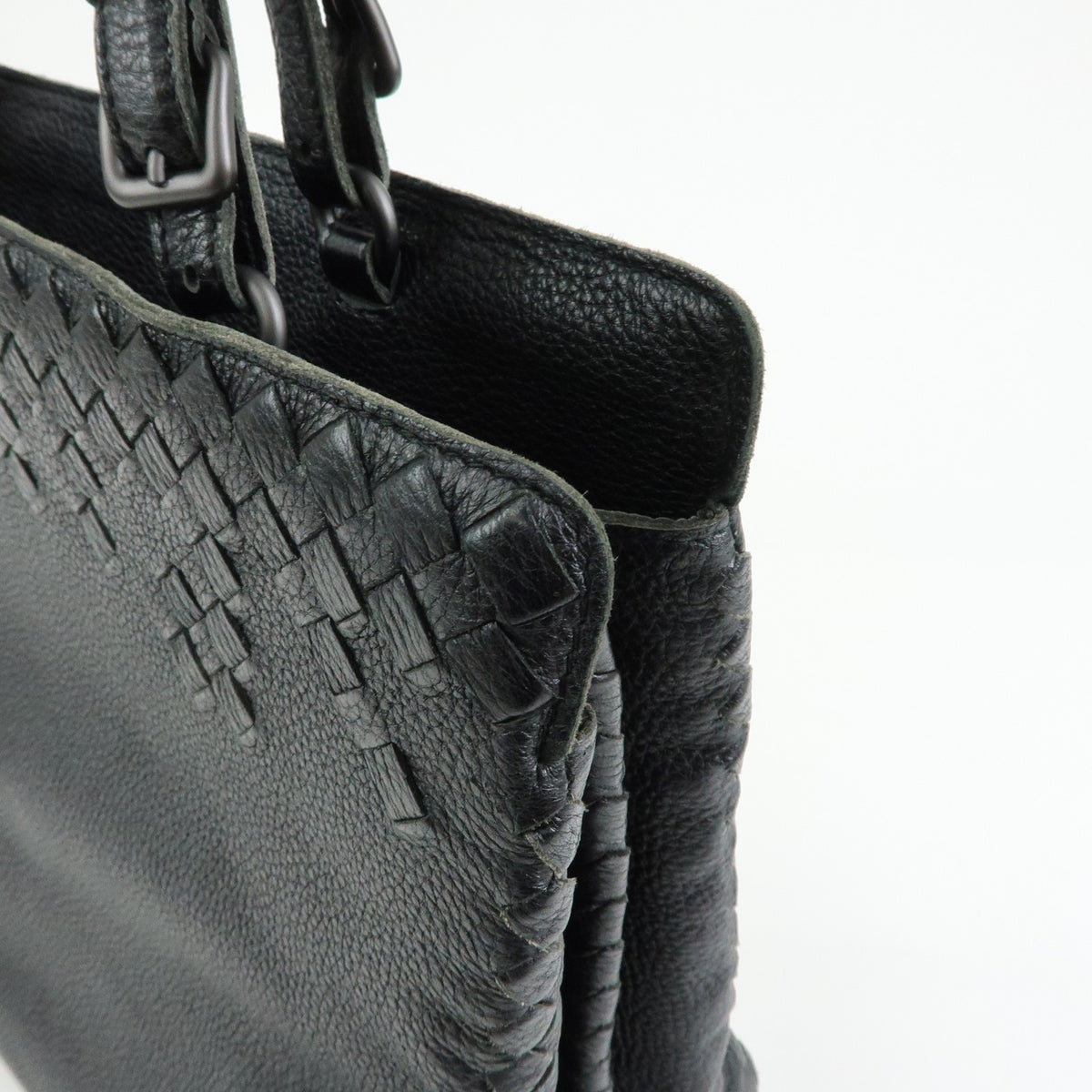 Bottega Veneta A-Shape Leather with Intrecciato Detail, Black, Leather, Tote Bag