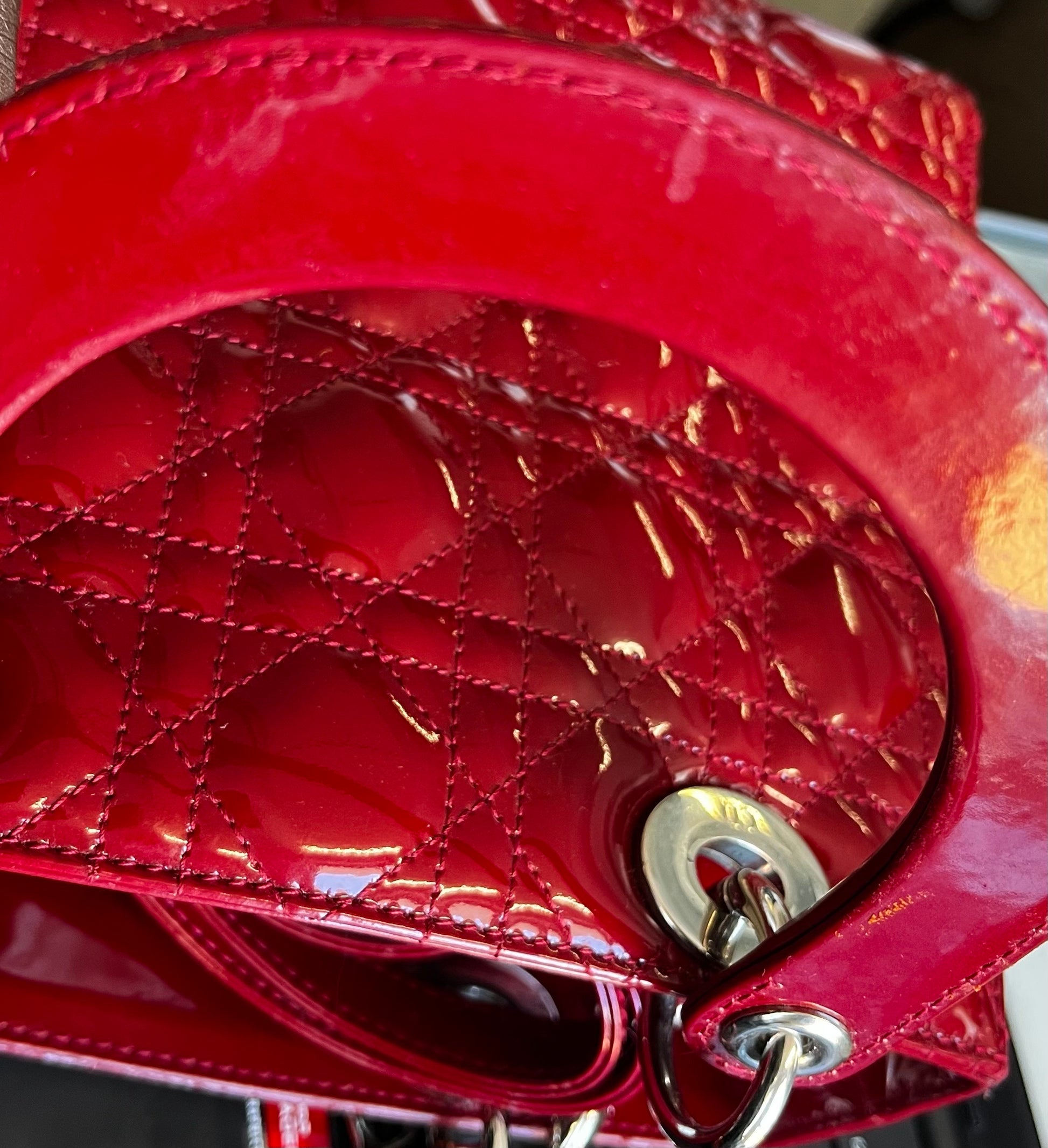 Christian Dior Lady Dior Patent, Red, Patent Leather, Handbag