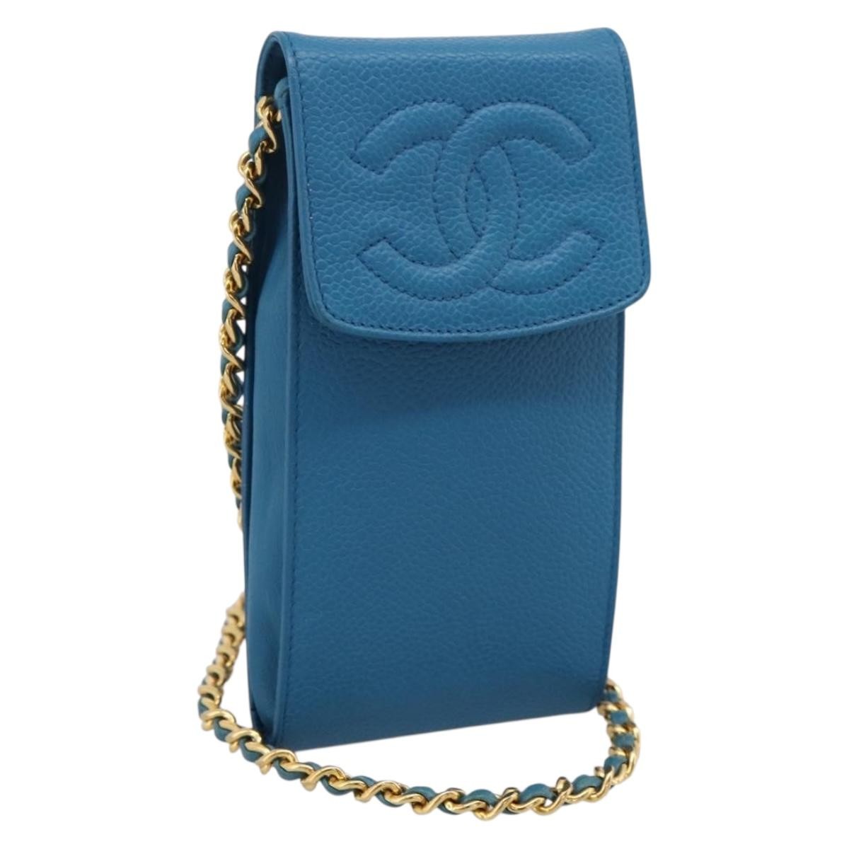 Chanel Vintage CC Phone Holder Caviar, Blue, Leather, Clutch