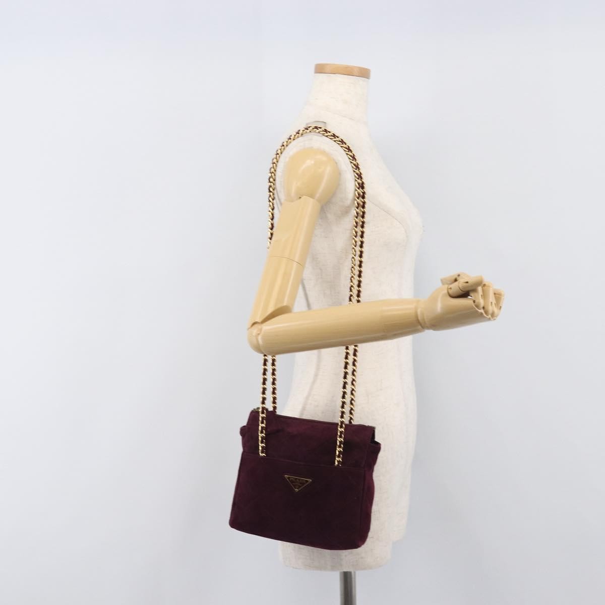 Prada Vintage Chain Flap Suede, Burgundy, Suede, Shoulder Bag