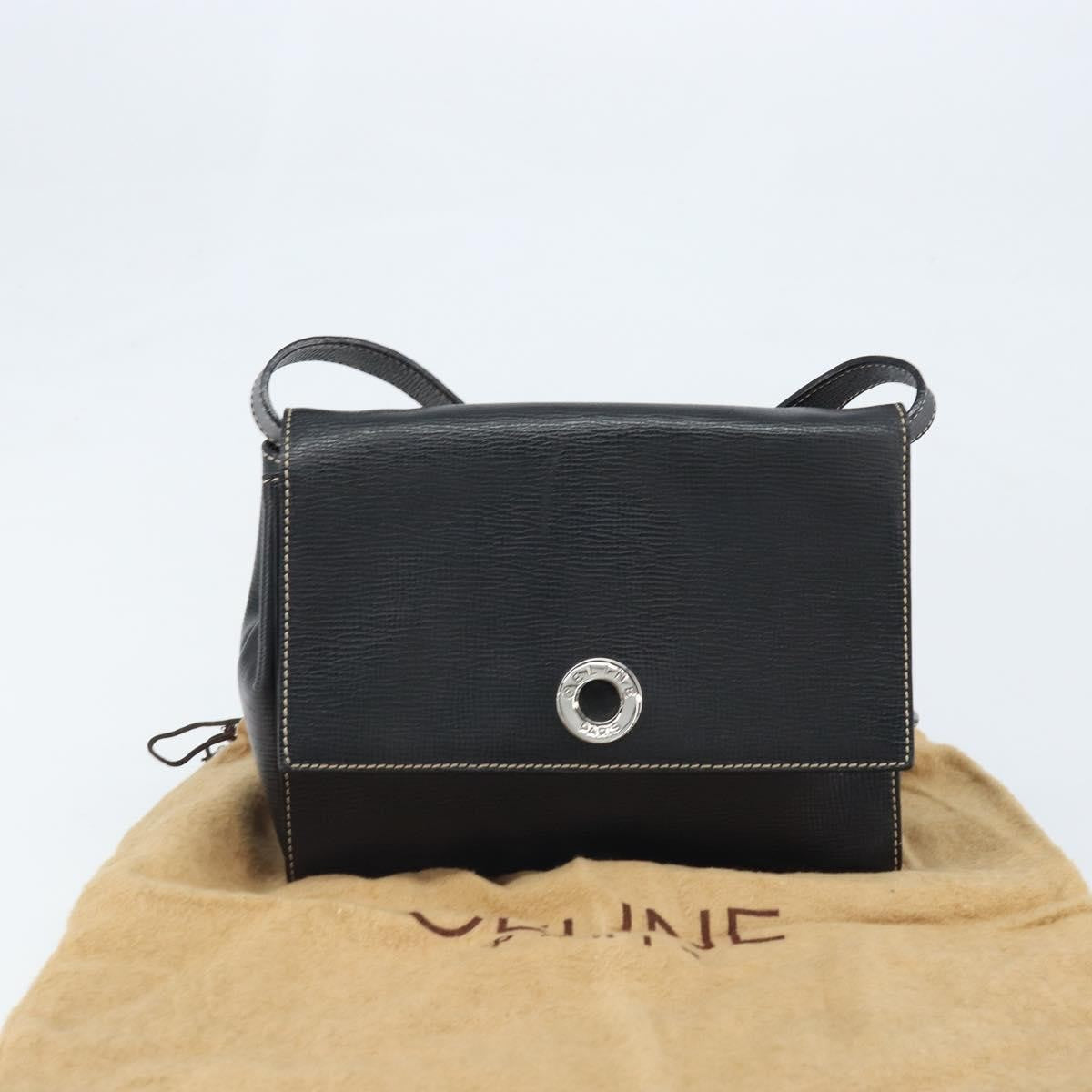 Celine Vintage Circle Logo Leather, Black, Leather, Crossbody Bag