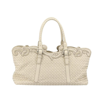 Bottega Veneta Belted Cabas Tote Intrecciato Nappa with Stitched Detail, White, Leather, Tote Bag