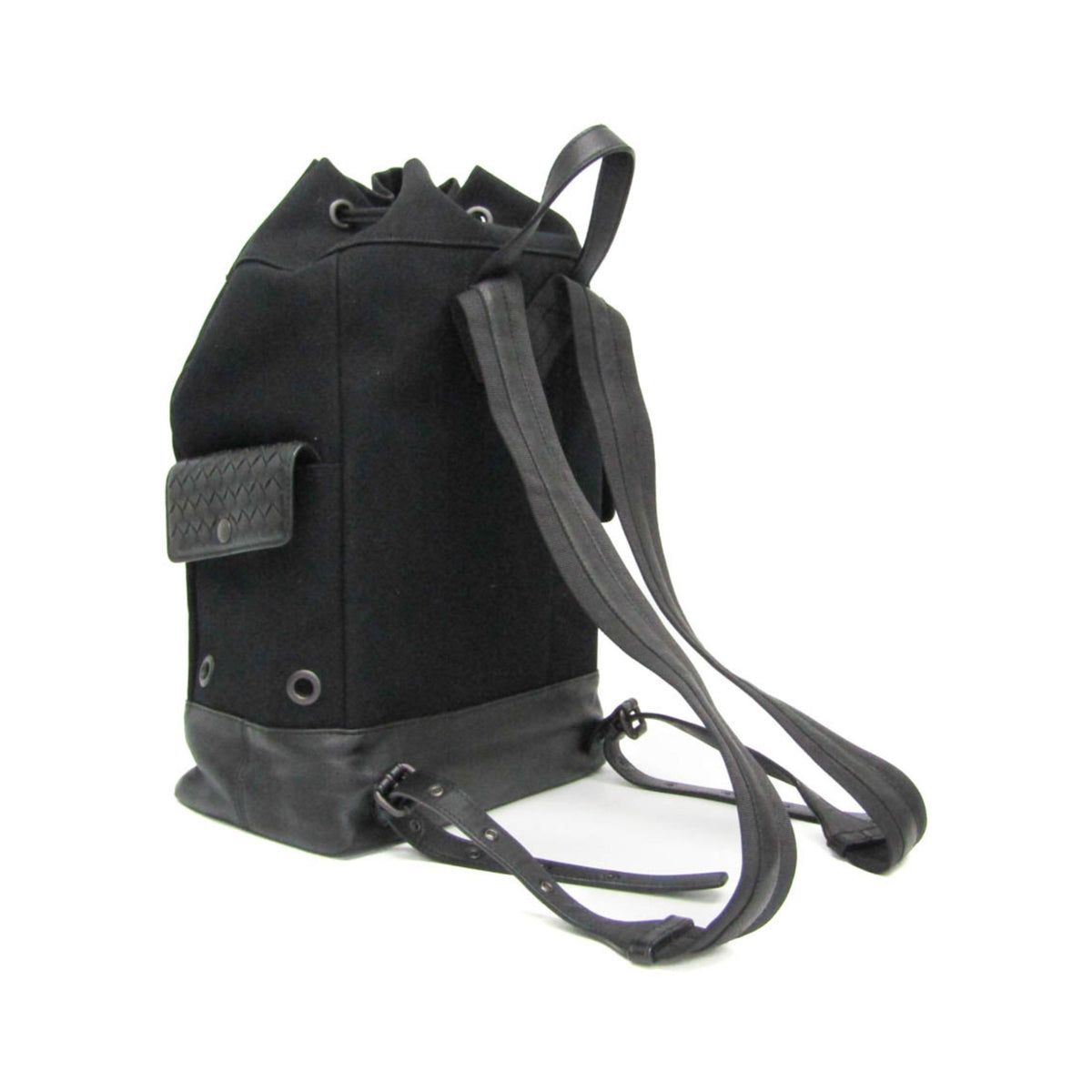 Bottega Veneta Drawstring Printed Canvas with Intrecciato Leather, Black, Canvas, Backpack