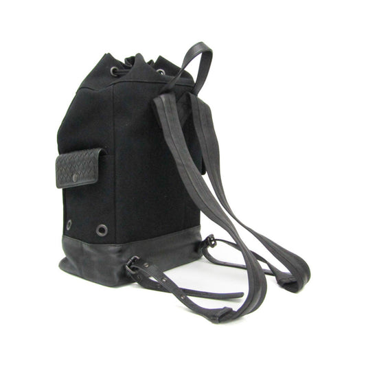 Bottega Veneta Drawstring Printed Canvas with Intrecciato Leather, Black, Canvas, Backpack
