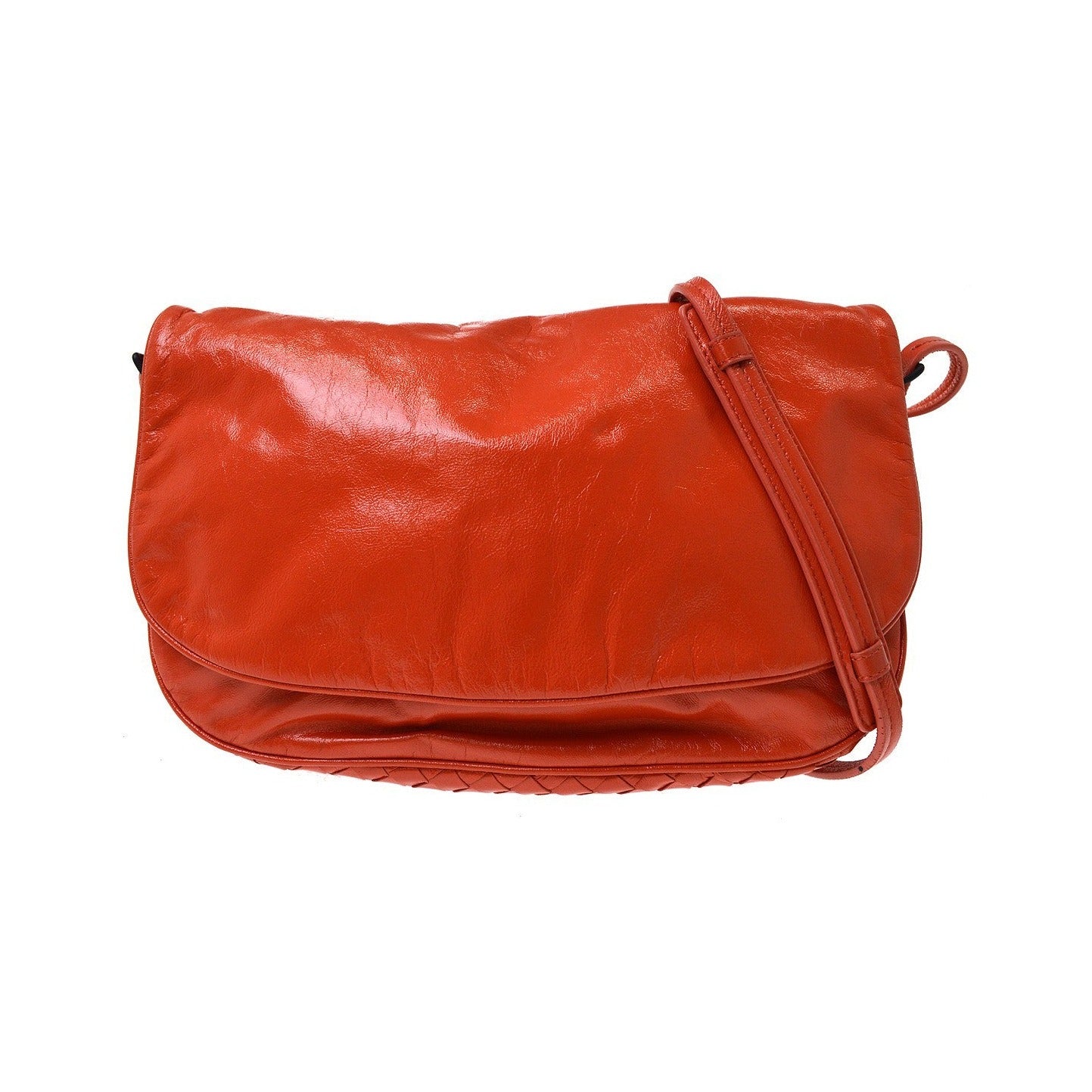 Bottega Veneta Flap Messenger Bag Leather with Intrecciato detail, Red, Leather, Shoulder Bag