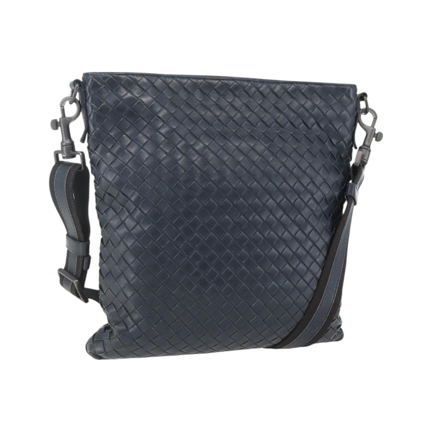 Bottega Veneta Flat Messenger Intrecciato Nappa, Navy, Leather, Crossbody Bag