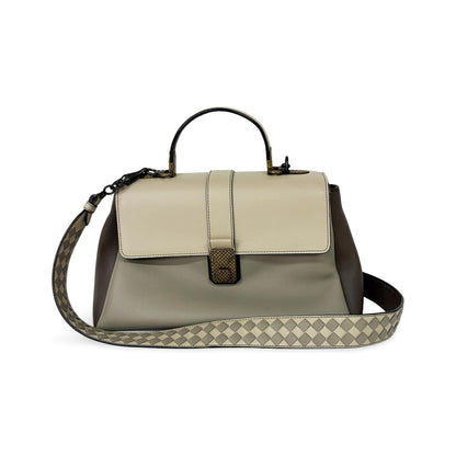 Bottega Veneta Piazza Top Handle Leather with Intrecciato Detail, Gray, Leather, Handbag