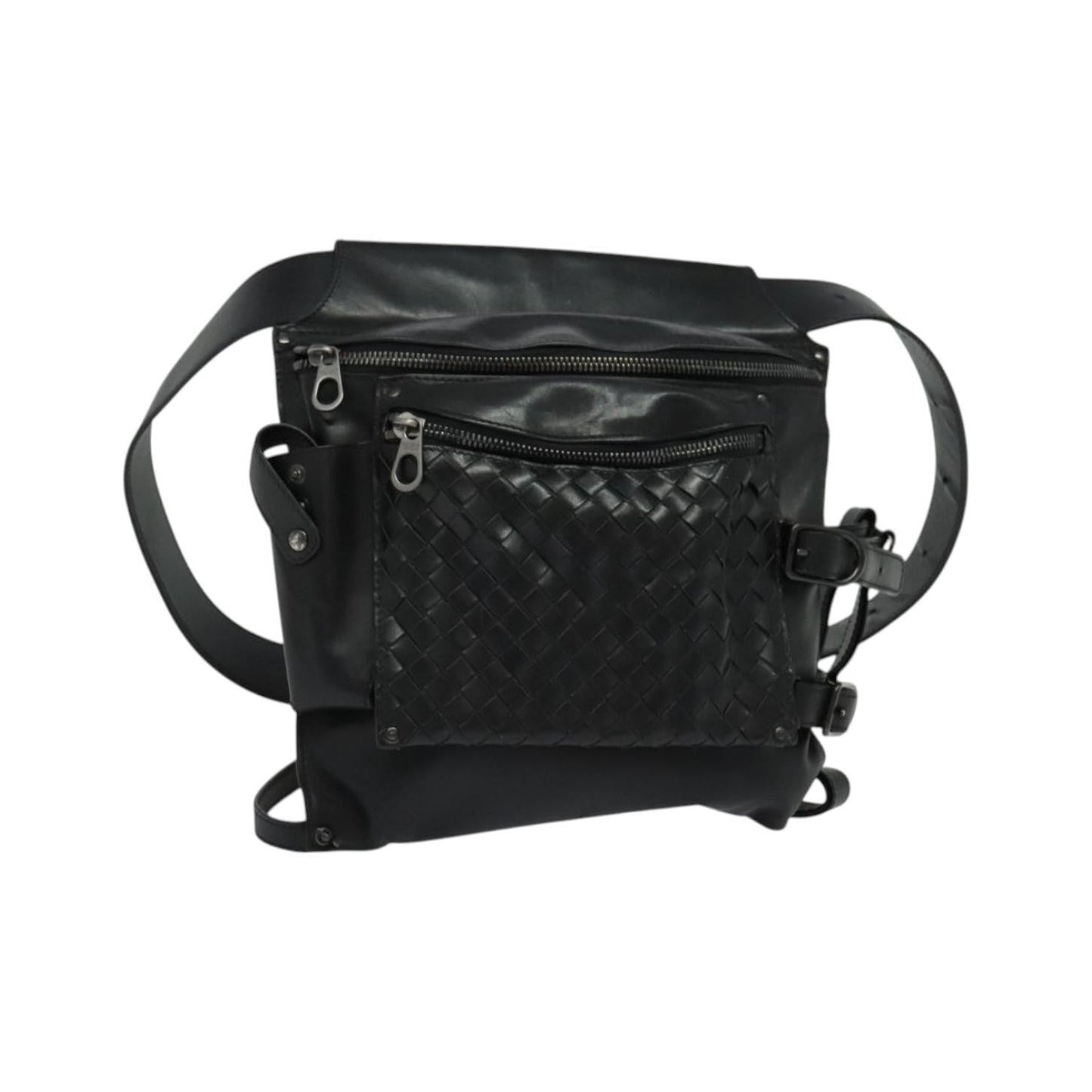Bottega Veneta Utility Waist Leather with Intrecciato, Black, Leather, Shoulder Bag