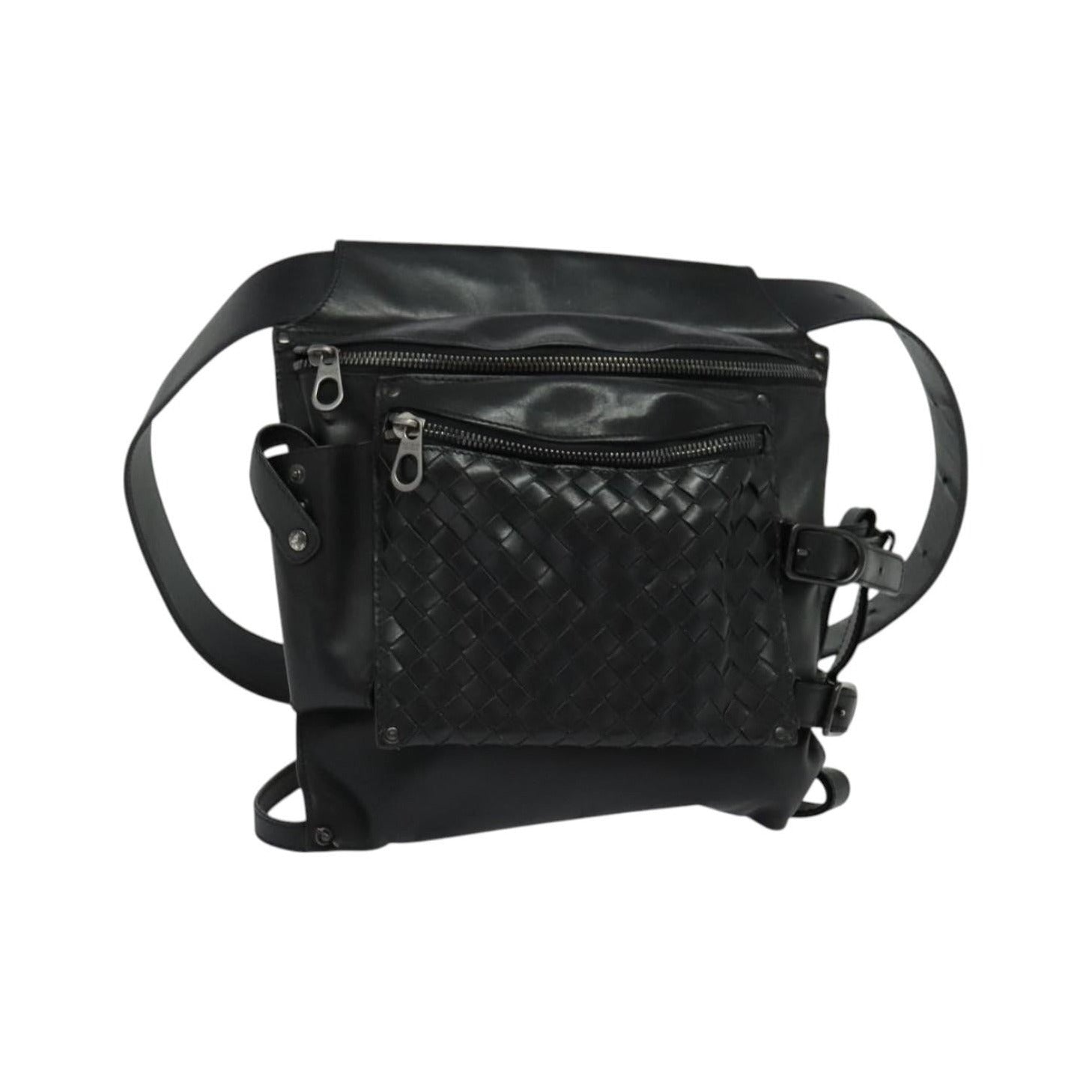 Bottega Veneta Utility Waist Leather with Intrecciato, Black, Leather, Shoulder Bag