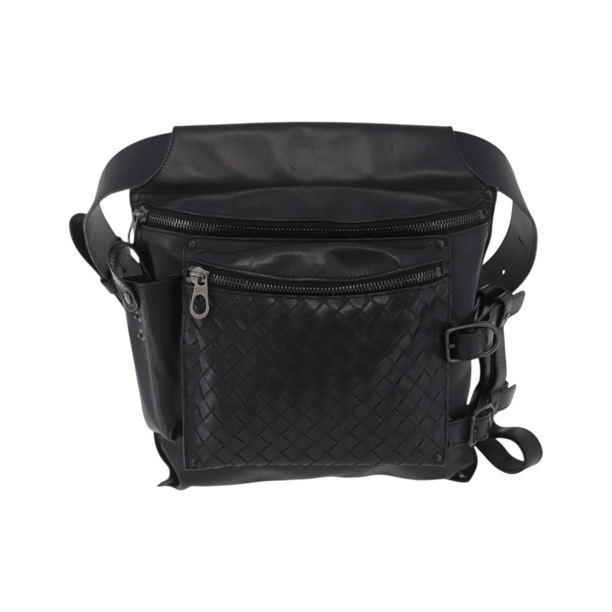 Bottega Veneta Utility Waist Leather with Intrecciato, Black, Leather, Shoulder Bag