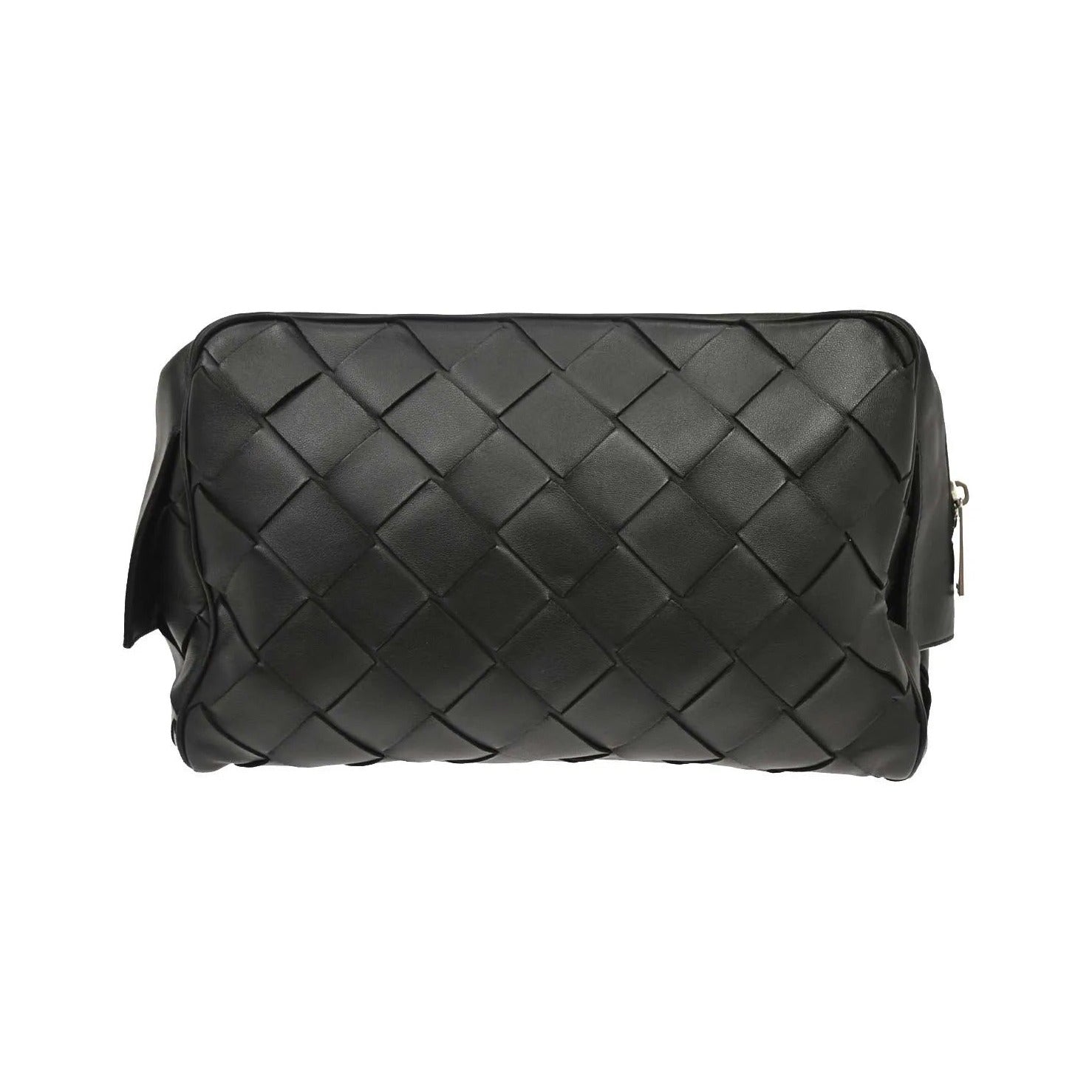 Bottega Veneta Zip Clutch Leather with Intrecciato Snakeskin Detail, Black, Leather, Clutch