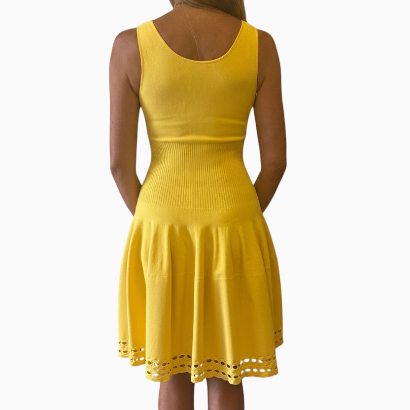 Brandsamsara yellow Alexander McQueen sleeveless viscose blend dress with a ribbed waist and laser-cut hem detail