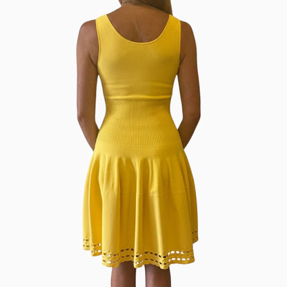 Brandsamsara yellow Alexander McQueen sleeveless viscose blend dress with a ribbed waist and laser-cut hem detail