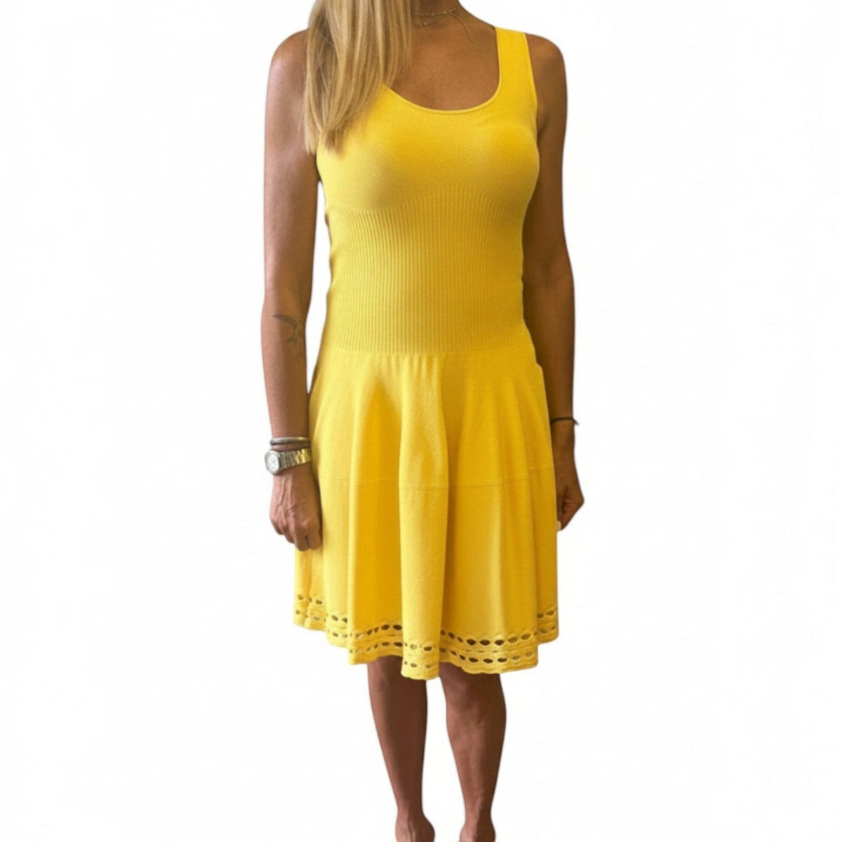 Brandsamsara yellow Alexander McQueen sleeveless viscose blend dress with a ribbed bodice and laser-cut hem detail.
