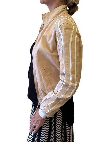 Brandsamsara beige nylon blend long sleeve jacket with white striped sleeve detailing worn by a model