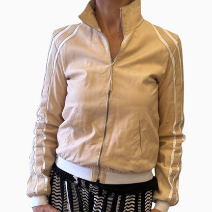 Brandsamsara beige nylon blend Jitrois jacket with long sleeves, white side stripes, and a front zip closure.