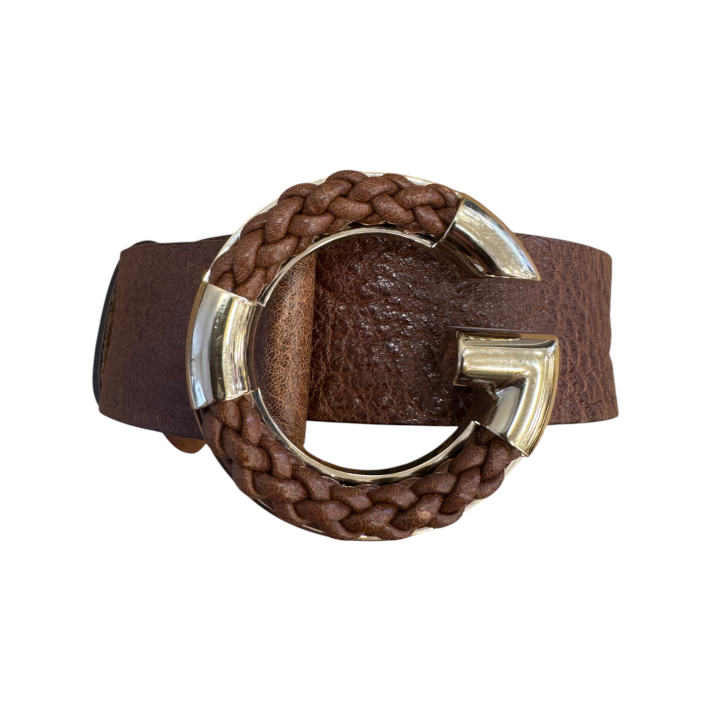 Brandsamsara brown calfskin leather Gucci belt featuring an oversized braided capital G monogram buckle