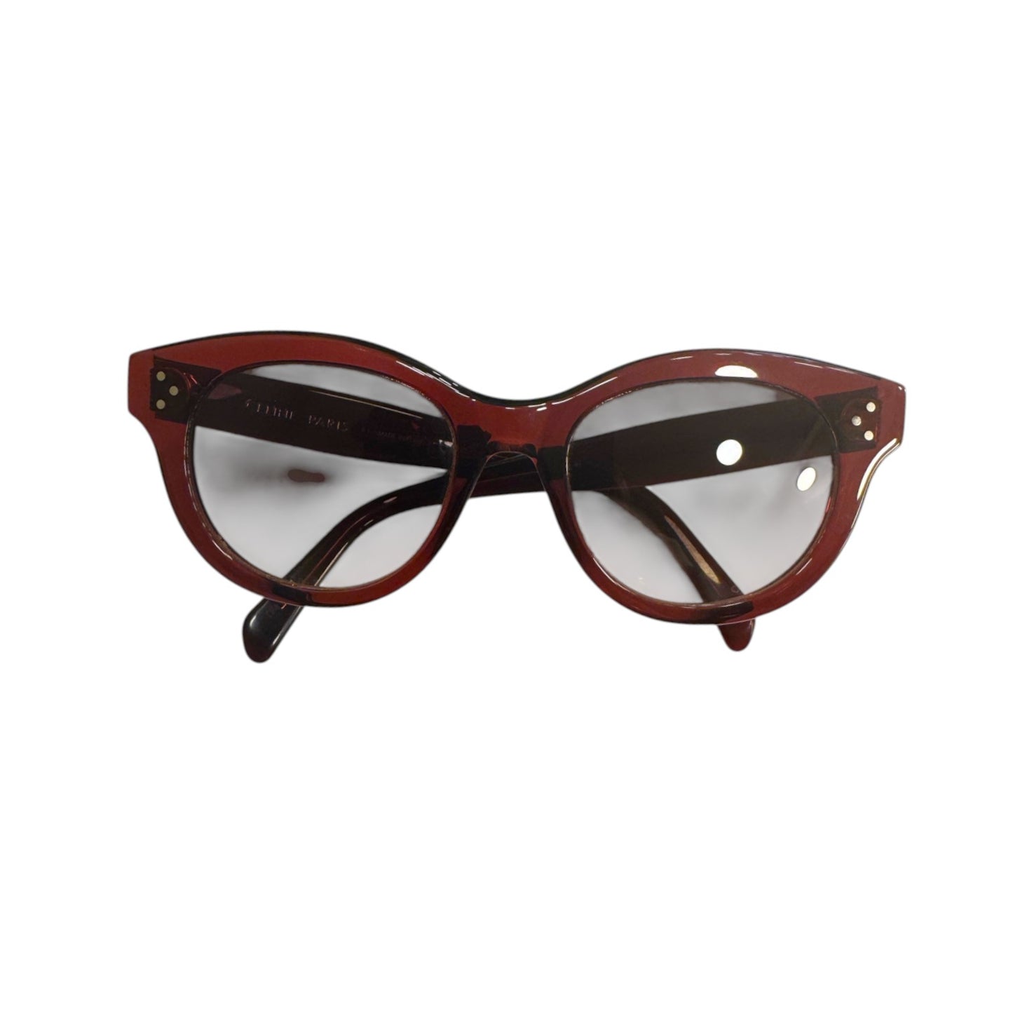 Brandsamsara Celine round-frame sunglasses in red acetate with signature three-dot temple hardware and gradient lenses.