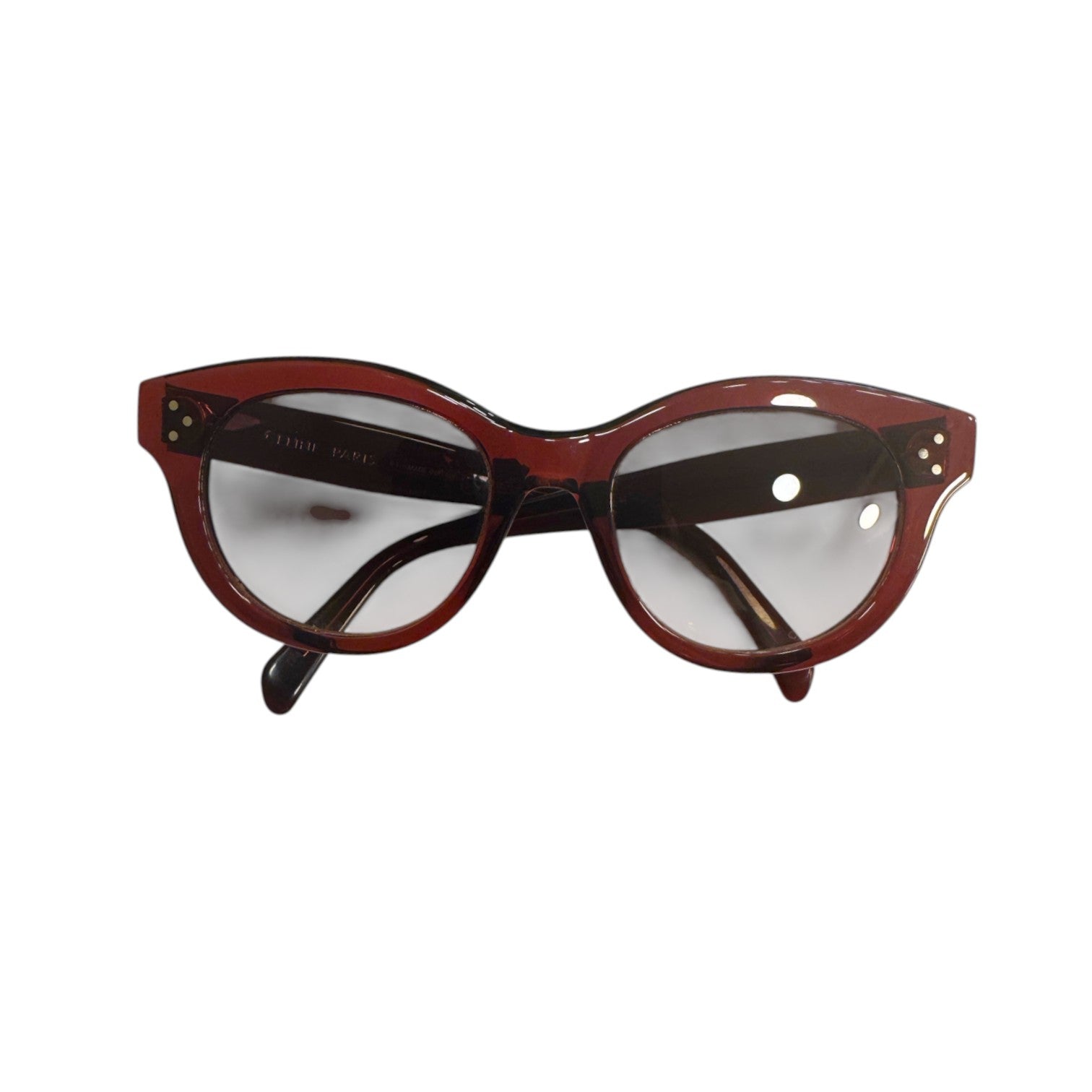 Brandsamsara Celine round-frame sunglasses in red acetate with signature three-dot temple hardware and gradient lenses.