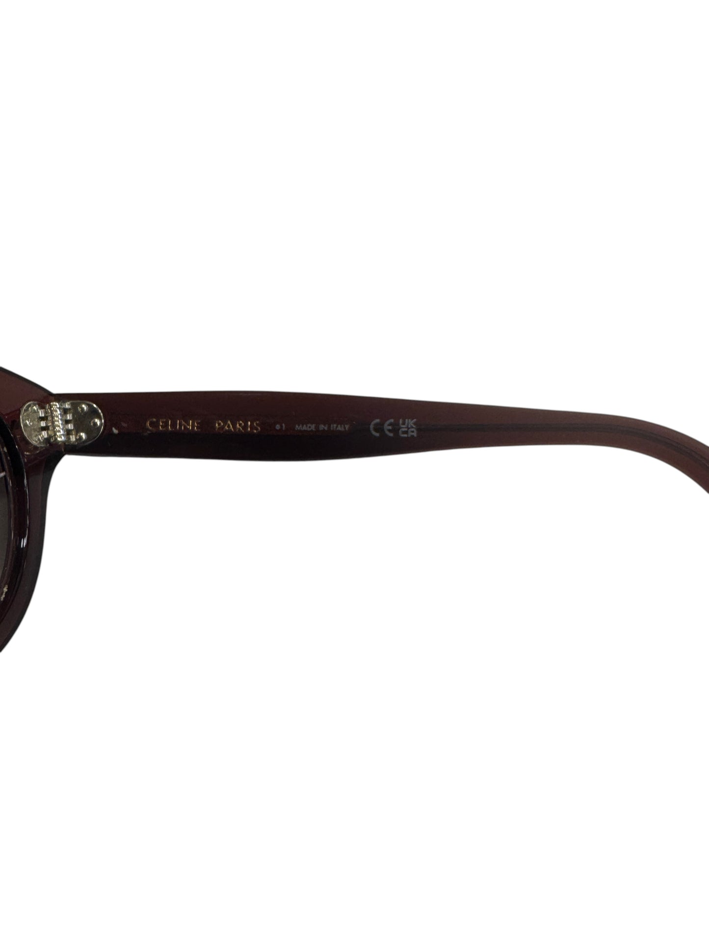 Brandsamsara Celine round-frame sunglasses in red acetate with gold-tone branding on the inner temple arm