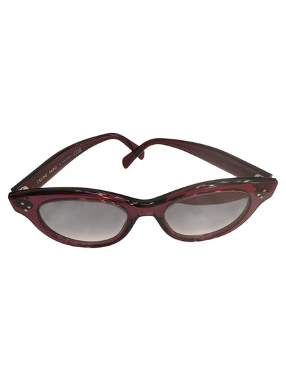 Brandsamsara Celine round-frame sunglasses in red acetate with signature three-dot temple hardware and brown lenses.