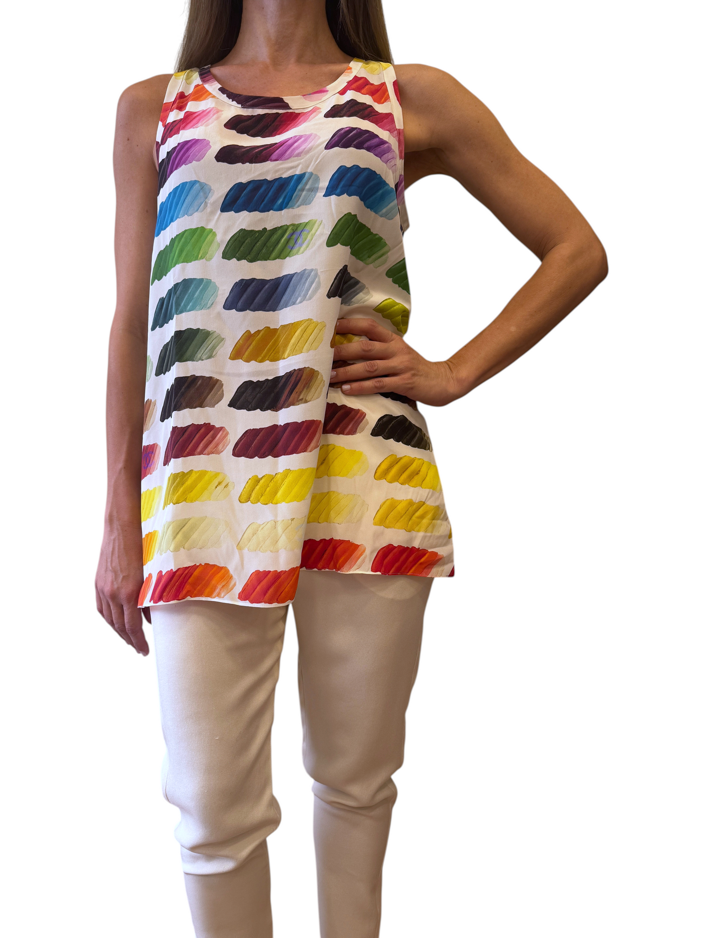 Brandsamsara Chanel sleeveless top in multicolor silk with a brushstroke pattern worn by a model