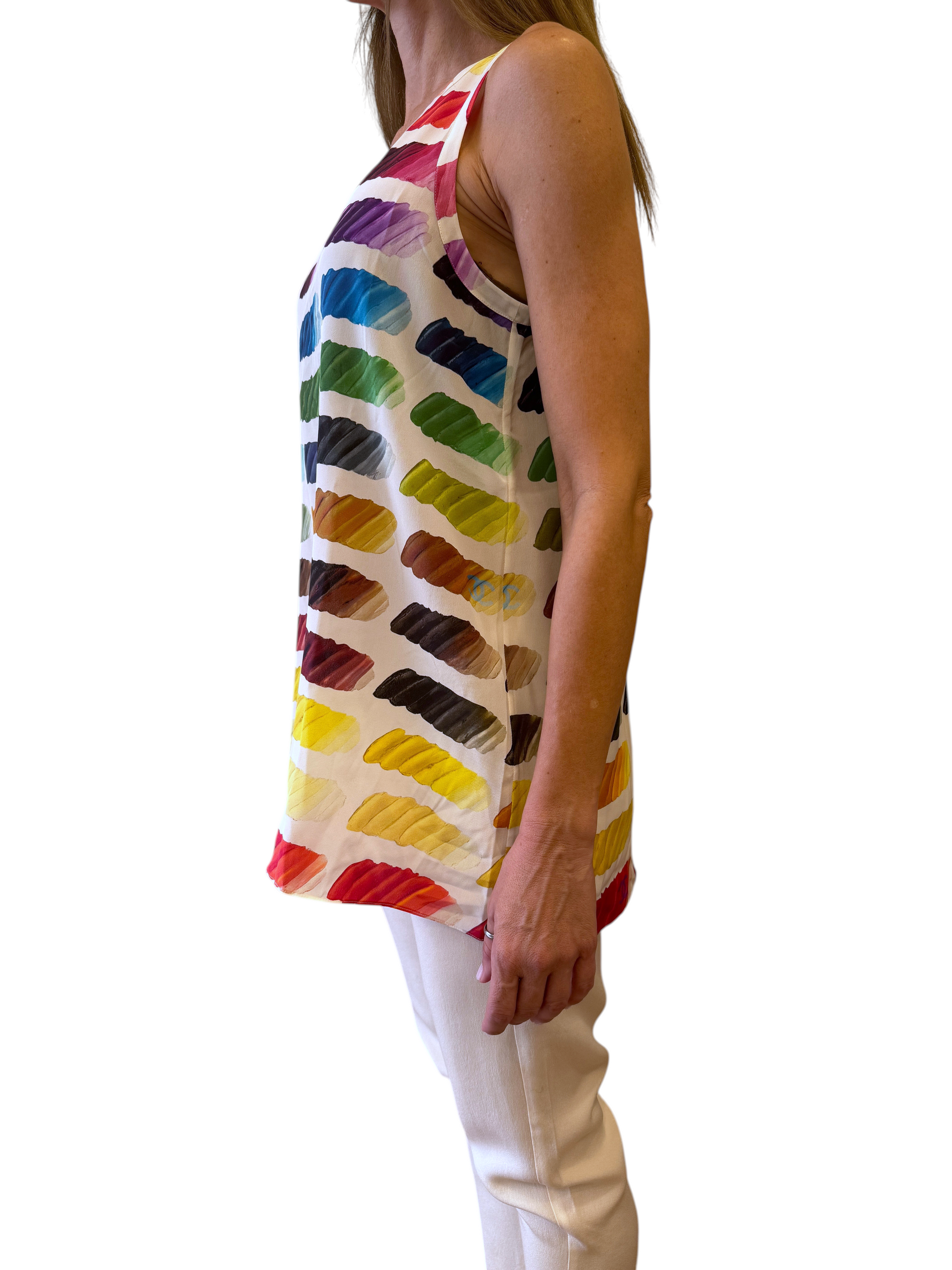 Brandsamsara Chanel sleeveless silk top featuring a vibrant multicolor brushstroke pattern on a white background