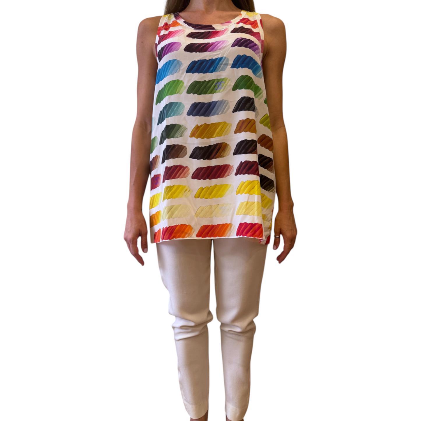 Brandsamsara Chanel sleeveless top in multicolor silk with a brushstroke pattern worn by a model