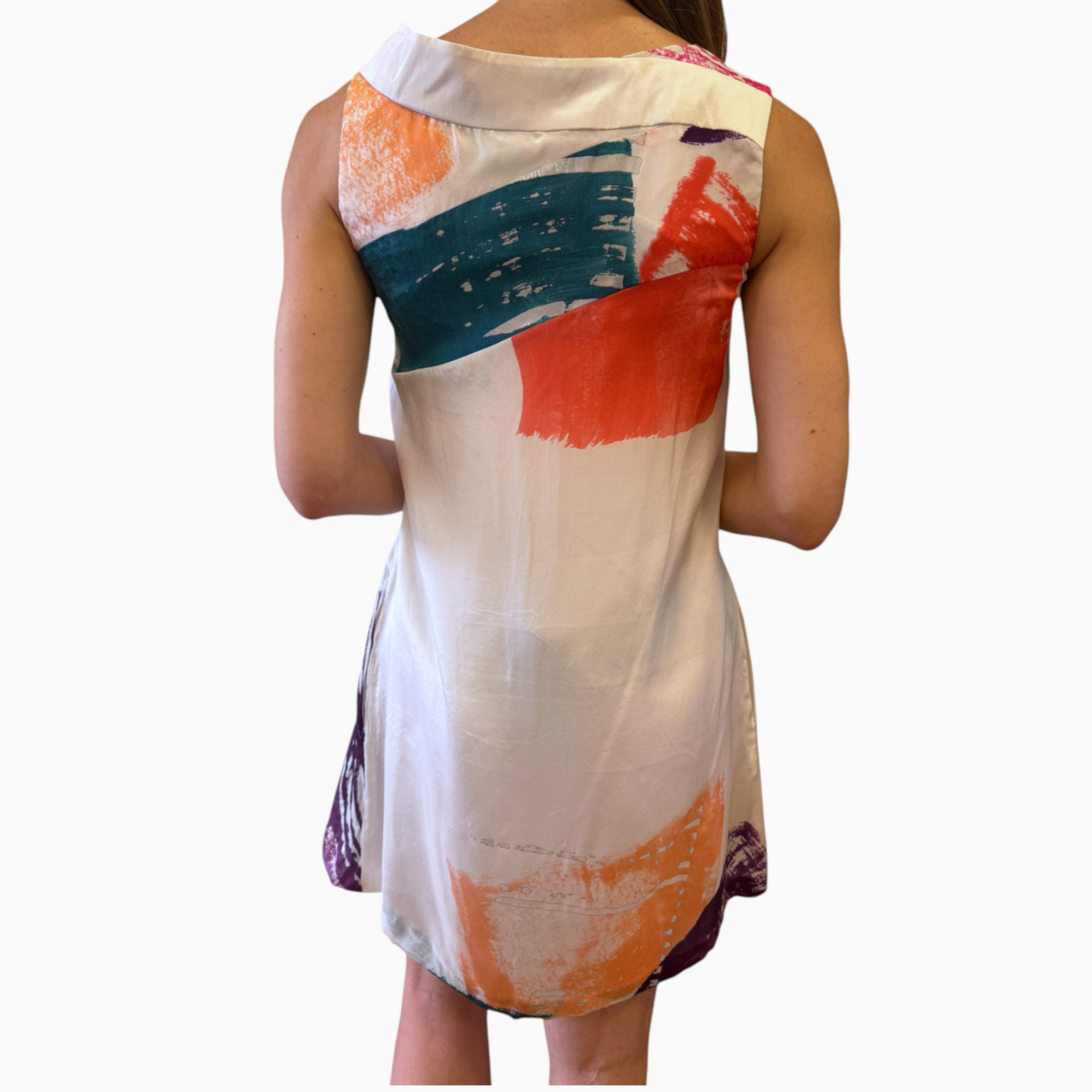 Brandsamsara Chloe dress in multicolor silk with a sleeveless design and abstract brushstroke print, back view